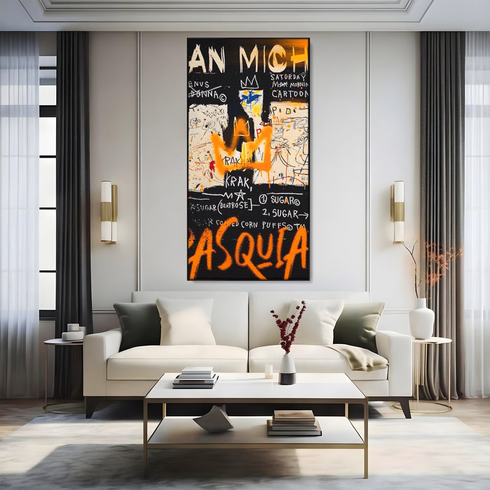 Tablou canvas cu tablou canvas cu arta graffiti jean-michel basquiat, in rama de aluminiu negru, pe perete intr-un living